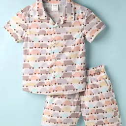 Simply Premium Poplin Woven Half Sleeves Co-Ord Shorts Night Suit with Car Print - Multicolor-picture-20