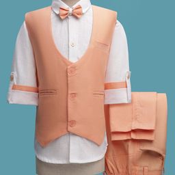 Rikidoos Full Sleeves Solid 3 Piece Party Suit Set With Bow - Peach & White-image-15