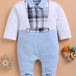 Wonderchild Full Sleeves Checked & Colour Blocked Romper - White & Sky Blue-image-14