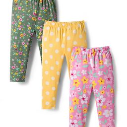 Babyhug Cotton Knit Full Length Leggings With Floral & Polka Dot Print Pack Of 3 - Pink Yellow & Green-picture-10