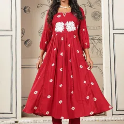GoSriKi Floral Printed Embroidered Thread Work Round Neck Kurta with Trousers-picture-27