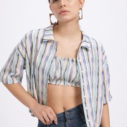 glitchez Striped Ruched Crop Bralette Top & Shirt-image-47