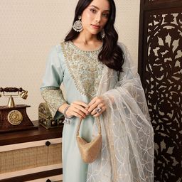 House of Pataudi Floral Yoke Design Sequinned Jashn Kurta with Trousers & With Dupatta-1