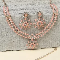 VATSALYA creation Women Pink Artificial Stones Necklace & Earring With Maang Tikka Set-39