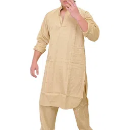 Exotic India Men Pleated Plain Kurta Pajama with Thread Embroidery-image-57