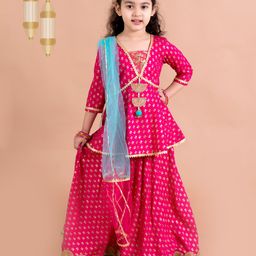 Pspeaches Three Fourth Sleeves Floral Foil Printed Kurta & Lehenga With Dupatta Set - Magenta Pink-image-99