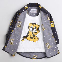 Polka Tots Full Sleeves Baby Tiger & Stars Printed Shirt With Attached Tee - Grey-image-29