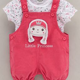 Wonderchild Short Sleeves Girly Graffiti Printed Top With Little Princess Embroidered Corduroy Dungaree - Cherry Pink-image-96