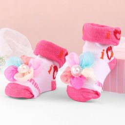 Cute Walk by Babyhug Ankle Length Sock Shoes With Flower Applique - Fuchsia-image-42
