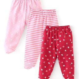 Babyhug Cotton Interlock Knit Full Length Stripe Bootie Pants Pack of 3 - Pink & Red-picture-18