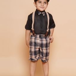 AJ Dezines Cotton Solid Shirt Checked  Shorts With Cap  Suspender & Bow - Beige-10