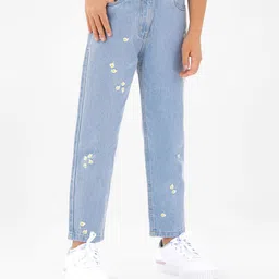 Primo Gino 100% Cotton Woven Mom Fit Washed Jeans With Floral Embroidery - Blue-picture-25