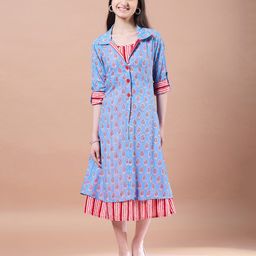 Pspeaches Striped & Floral Printed Dress With Three Fourth Sleeves Shrug - Blue-image-51
