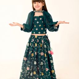 Babyhug Woven Sleeveless Georgette Floral Embroidered Choli & Sequinned Lehenga Set with Detachable Sleeves - Green-image-1