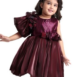 Babyhug Woven Half Sleeves Party Wear Fit and Flare Sequinned Yoke Dress with Flower Embellishments - Wine-image-89