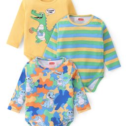 Babyhug 100% Cotton Full Sleeves Onesies Crocodile Print Pack of 3 -Blue Yellow & Green-image-55