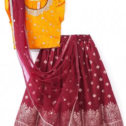 Babyhug Woven Frill Sleeves Floral Sequin Embroidered Choli Lehenga & Dupatta Set with Tassle Detailing - Red & Yellow-image-92