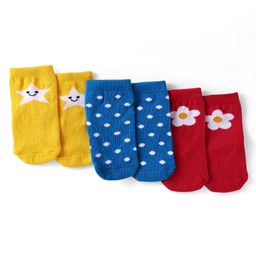 Cute Walk by Babyhug Knit Ankle Length Antibacterial Socks with Star Polka Dots & Floral Design Pack of 3 - Yellow Blue & Red-image-37
