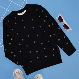 Pantaloons Junior Full Sleeves Bow & Foil Stars Designed Sweater - Black-picture-28