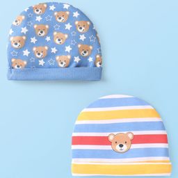 Babyhug 100% Cotton Knit Caps with Bear Print & Stripes Pack of 2Multicolor - Diameter 18 cm-image-7