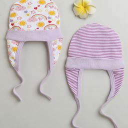 BUMZEE Cotton Pack Of 2 Striped & Rainbows Printed Tying Caps With Ear Flaps - White & Lavender-picture-28
