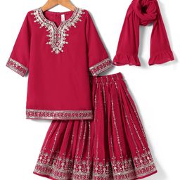 Babyhug Woven Three Fourth Sleeves Long Choli With Lehenga And Dupatta Set with Floral Embroidery - Dark Pink-image-82
