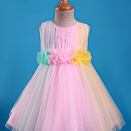 Babyhug Woven Sleeveless Mesh Fit And Flare PartyDress With Flower Applique - Pink & Yellow-picture-16