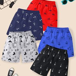 KUCHIPOO Cotton Blend Knit Pack Of 5 Boats & Deer Printed Shorts - Black Blue Red & Navy Blue-picture-16