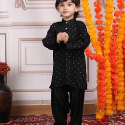 Polka Tots Cotton Full Sleeves Foil Printed Kurta & Pyjama Set - Black-image-73