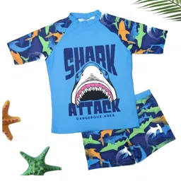Yellow Bee Half Raglan Sleeves Sharks Printed Coordinating Tee & Shorts Set - Blue-picture-15