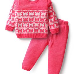 Babyhug Knit Full Sleeves Sweater Set With Butterfly Design - Pink-image-54