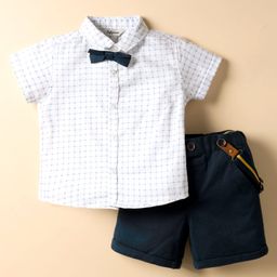ToffyHouse Cotton Woven Half Sleeves Checks Party Shirt & Shorts With Bow & Suspender - Navy Blue & White-picture-9