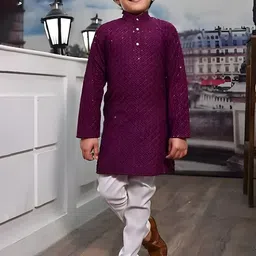 Qtsy Boys Ethnic Motifs Embroidered Band Collar Pure Cotton Straight Kurta With Pyjamas-image-43