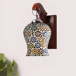 Devansh White & Blue Textured Wooden Bell Shaped Wall Lamp-image-56