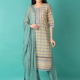 V-Mart Geometric Printed Pure Cotton Straight Kurta With Trousers & Dupatta-image-45