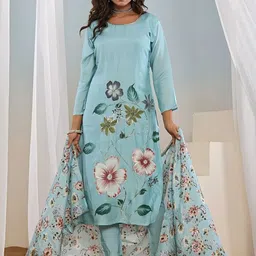 KALINI Women Floral Printed Regular Silk Crepe Kurta with Trousers & With Dupatta-picture-46