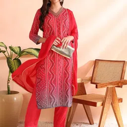 KALINI Women Bandhani Printed Regular Kurta with Trousers & With Dupatta-16