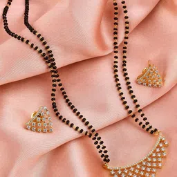 SHILLYN Gold-Plated Zircon Studded & Beaded Eternal Radiance Mangalsutra with Earrings-image-11