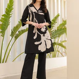 JISORA Women's Black Printed Cotton Top With Trousers Co-Ord Set-picture-7