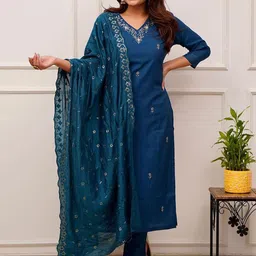 KALINI Women Floral Embroidered Regular Beads and Stones Chanderi Silk Kurta with Trousers & With Dupatta-picture-54