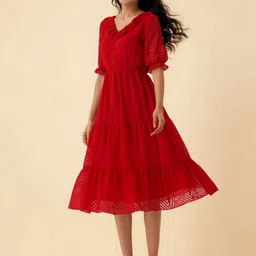 AASK Women Self Design Crepe Fit and Flare Calf Length Dress-picture-8