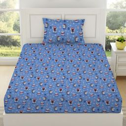 Myntra Elegant Homes Blue & White Cartoon Characters 144 TC Single Bedsheet with 1 Pillow Covers-image-14