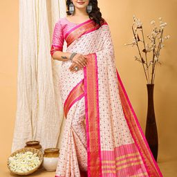 HERE&NOW Bandhani Printed Woven Design Zari Pure Cotton Banarasi Saree-image-47