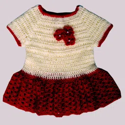 Knits & Knots crochet Flower Decorated Crochet Half Sleeves Dress - Cream & Red-picture-7