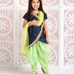Saka Designs Short Sleeves Asymmetrical Kurt And Dhoti Pants With Dupatta - Navy Blue Green-image-59