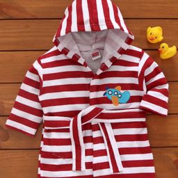 Babyhug Three Fourth Sleeves Striped Hooded Bathrobe - Red White-picture-2