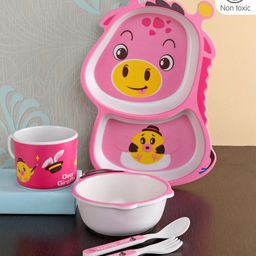 Bamboo Fiber Feeding Set Animal Print Pink - 5 Pieces-picture-1