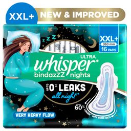 Whisper Bindazzz Night Thin XXL Plus Sanitary Pads for upto 0 Percentage Leak-60 Percentage Longer with Dry top sheet 16 Pad-image-34