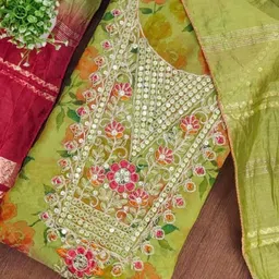 KALINI Green Simmer Silk Digital Print Coding With Sequence Work Unstitched Dress Material image 4