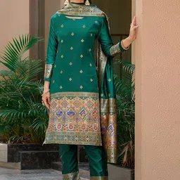 Siya Fashion Floral Woven Design Round Neck Straight Kurta With Trousers & Dupatta-picture-7
